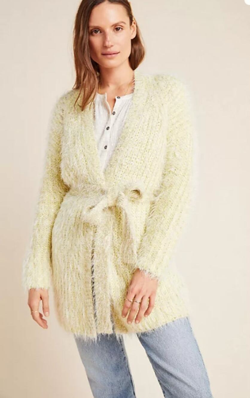 Anthropologie NWT Larkin Yellow Shimmer Tie Waist Cardigan // Small Petite